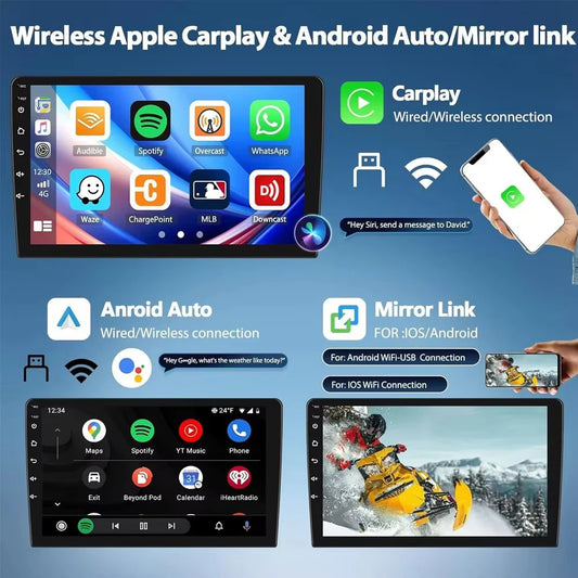 Radio Android 15 para Auto 9”/10” Universal, Tecnología QLED Double Din con CarPlay y Android Auto | GPS Integrado | 8GB RAM + hasta 256GB ROM | DSP | WiFi 4G | Pantalla Táctil alta sensibilidad.
