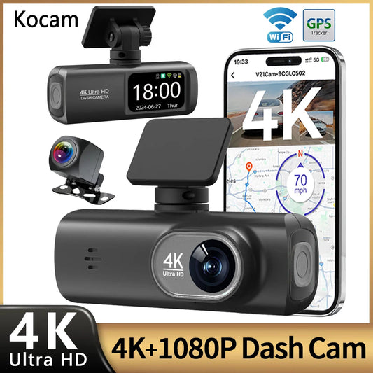 Dash Cam 4K UHD Dual Lente Delantera 8MP + Trasera 1080P | GPS Externo + WiFi | Visión Nocturna F1.8 | 170° Gran Angular | 24H Parking Monitor | DVR Auto con G-Sensor | H.265 | Soporta 128G