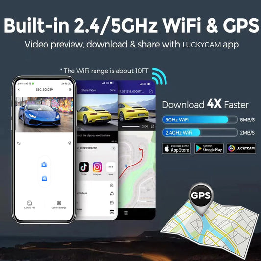 Dash Cam 4K Triple Cámara GPS WiFi - Grabación 24h con Visión Nocturna y Monitor de Estacionamiento