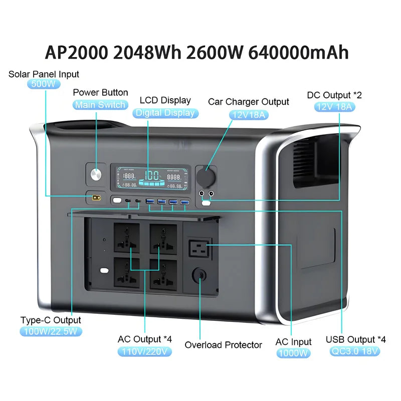 Generador Portátil 2400W LiFePO4 2048Wh - Power Station con LED para Camping y Eventos