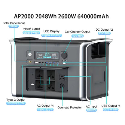 Generador Portátil 2400W LiFePO4 2048Wh - Power Station con LED para Camping y Eventos