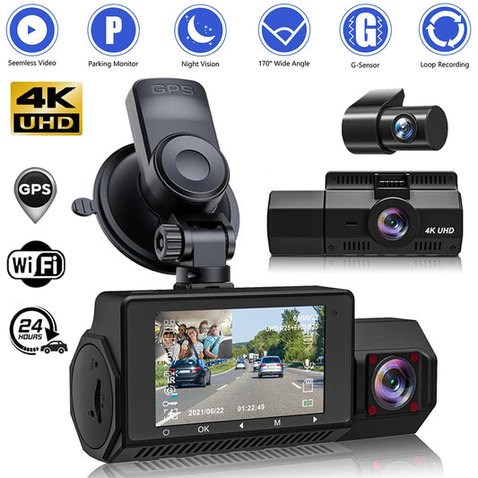 Dash Cam 4K Triple Cámara GPS WiFi - Grabación 24h con Visión Nocturna y Monitor de Estacionamiento