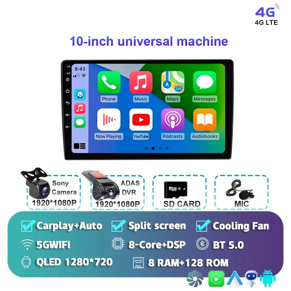 Radio Android 15 para Auto 9”/10” Universal, Tecnología QLED Double Din con CarPlay y Android Auto | GPS Integrado | 8GB RAM + hasta 256GB ROM | DSP | WiFi 4G | Pantalla Táctil alta sensibilidad.