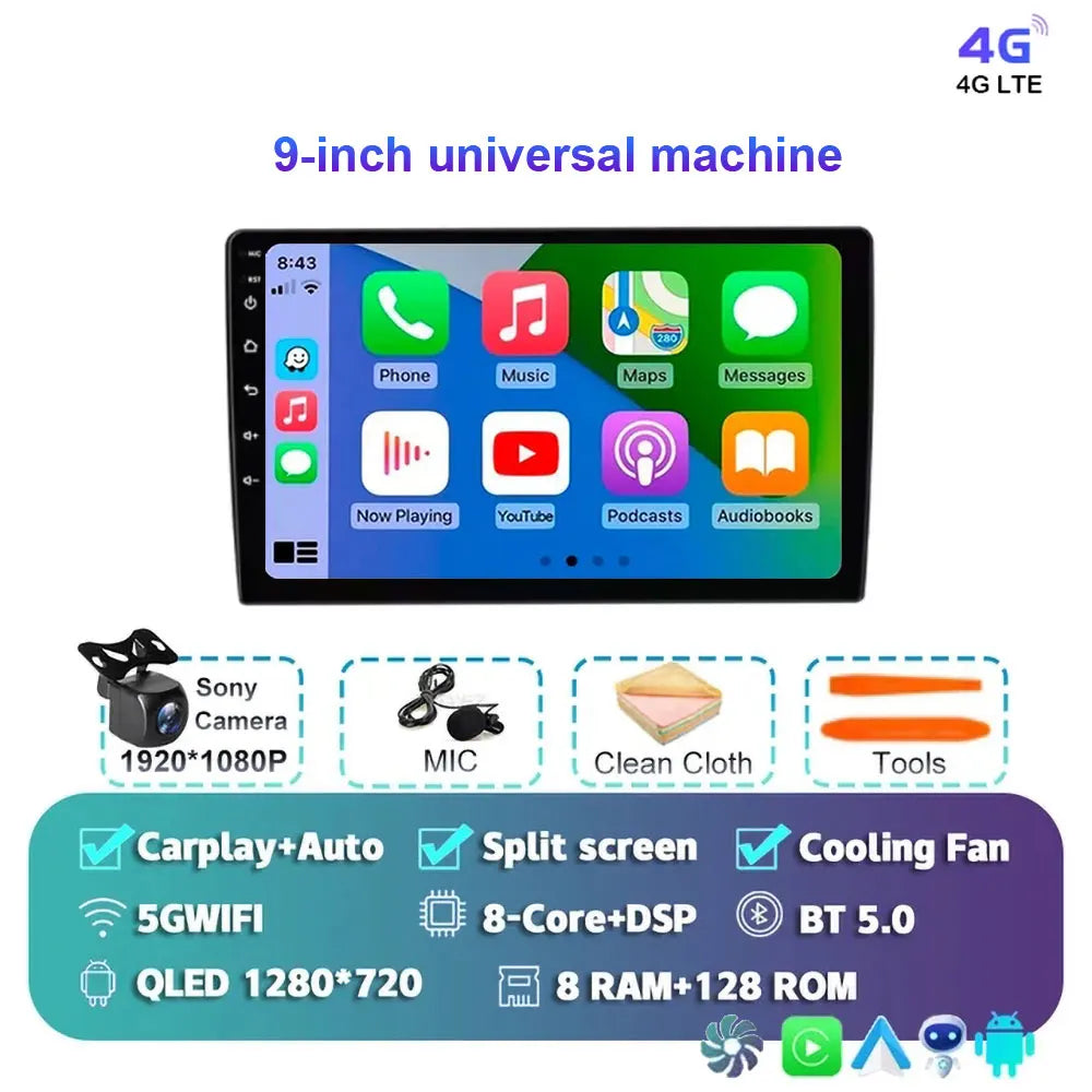 Radio Android 15 para Auto 9”/10” Universal, Tecnología QLED Double Din con CarPlay y Android Auto | GPS Integrado | 8GB RAM + hasta 256GB ROM | DSP | WiFi 4G | Pantalla Táctil alta sensibilidad.