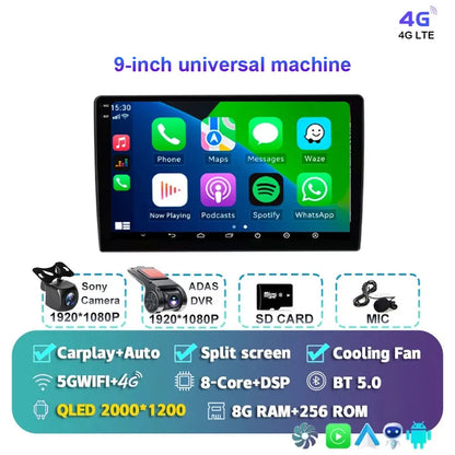Radio Android 15 para Auto 9”/10” Universal, Tecnología QLED Double Din con CarPlay y Android Auto | GPS Integrado | 8GB RAM + hasta 256GB ROM | DSP | WiFi 4G | Pantalla Táctil alta sensibilidad.