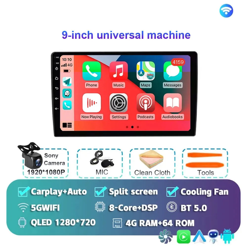 Radio Android 15 para Auto 9”/10” Universal, Tecnología QLED Double Din con CarPlay y Android Auto | GPS Integrado | 8GB RAM + hasta 256GB ROM | DSP | WiFi 4G | Pantalla Táctil alta sensibilidad.