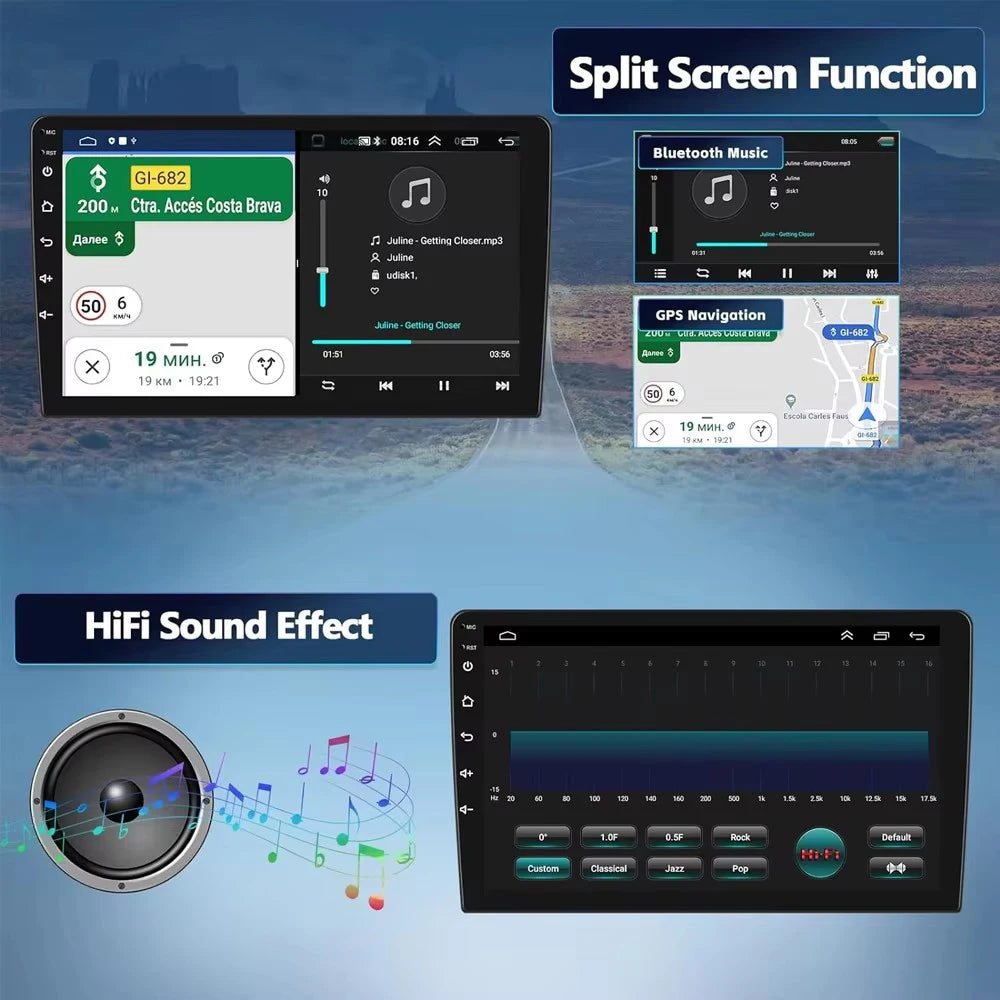 Radio Android 15 para Auto 9”/10” Universal, Tecnología QLED Double Din con CarPlay y Android Auto | GPS Integrado | 8GB RAM + hasta 256GB ROM | DSP | WiFi 4G | Pantalla Táctil alta sensibilidad.