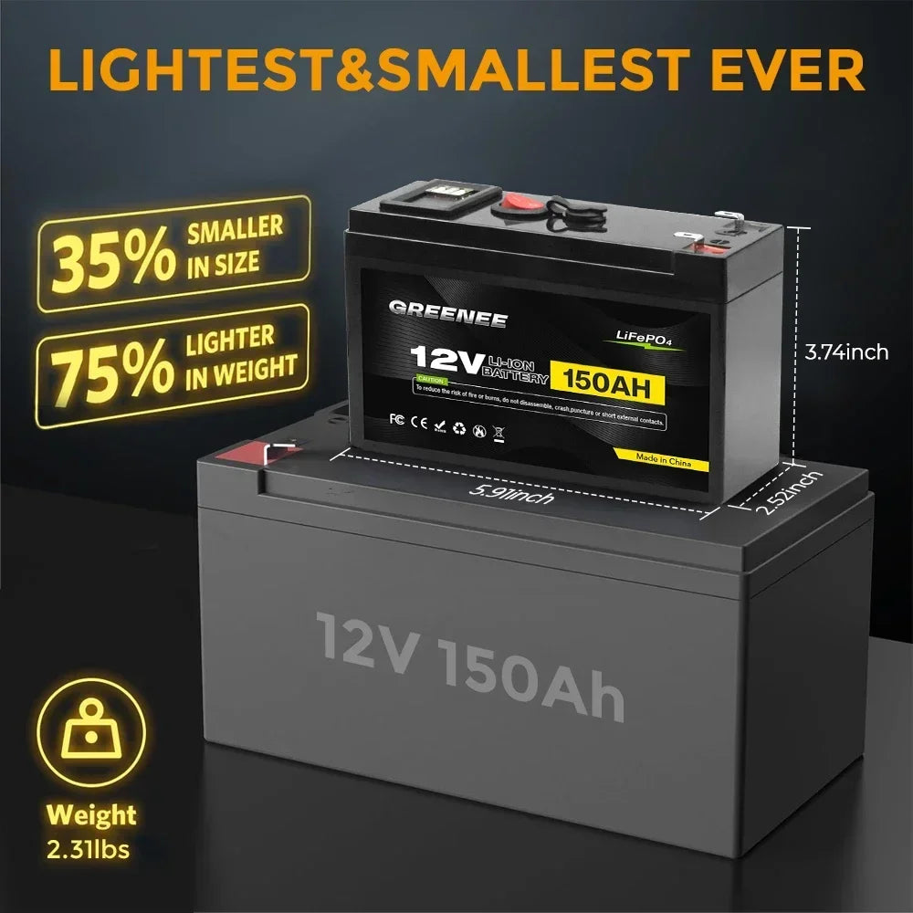 Batería de Litio 12V 150Ah Ciclo Profundo con BMS - Para Solar, RV, Marino