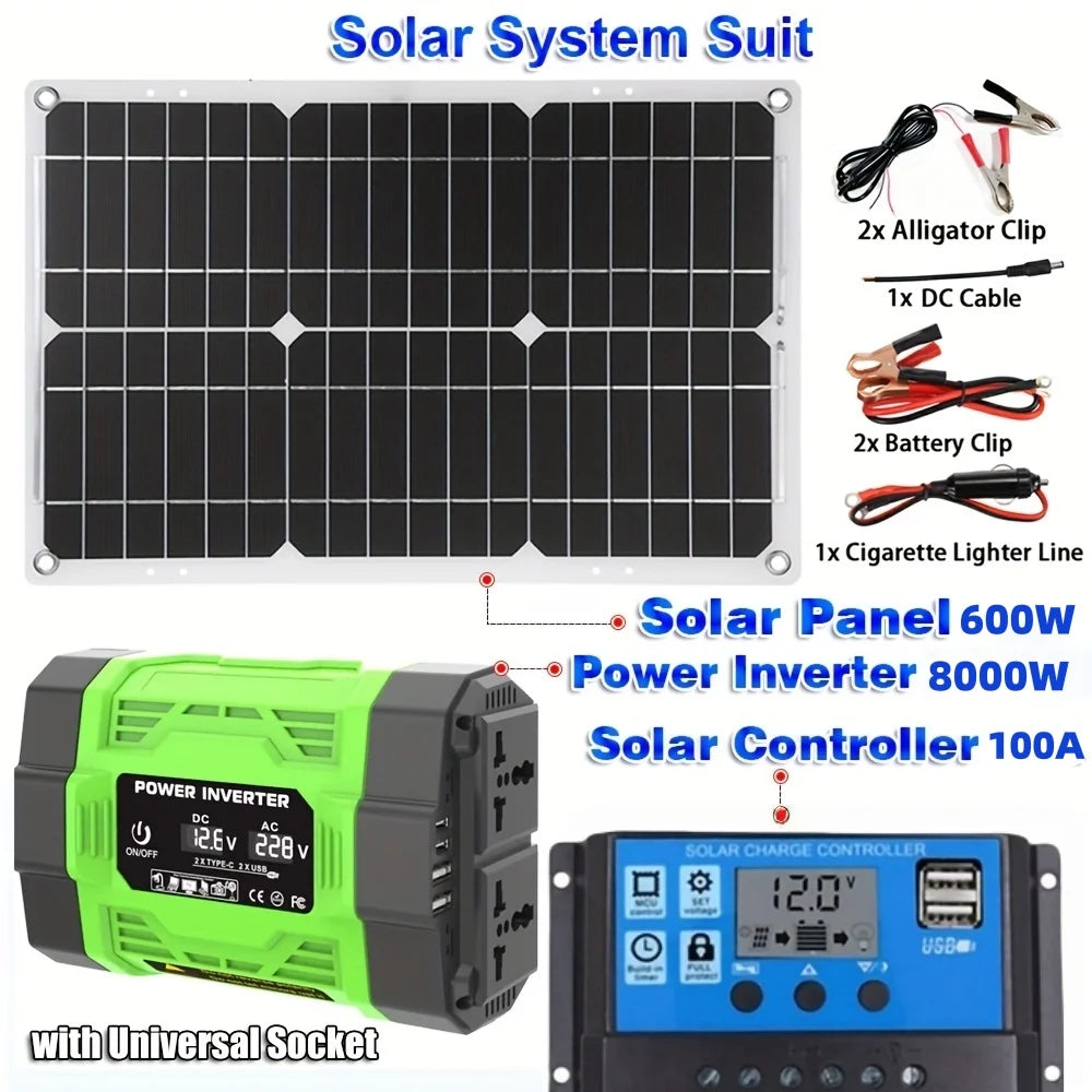 Kit Solar 600W Completo: Panel + Inversor 500W + Controlador 100A - 12V a 220V