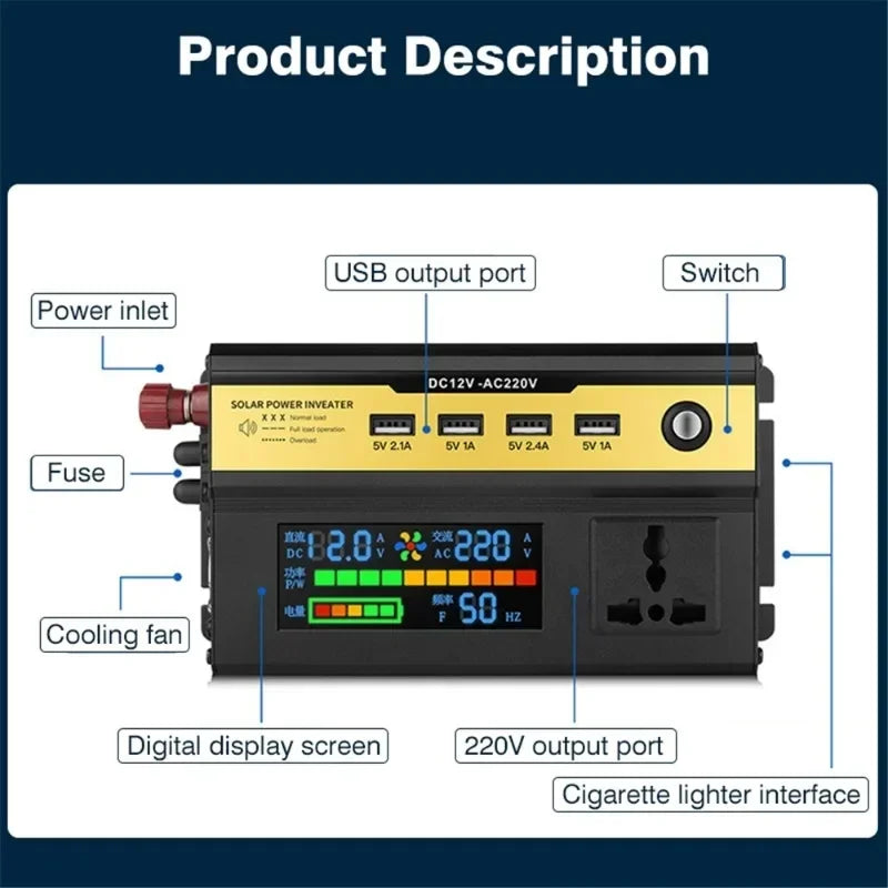 Inversor de Corriente Onda Sinusoidal Modificada - 12V/24V a 220V con Display LCD