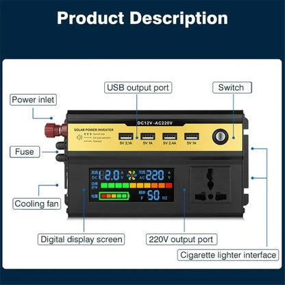 Inversor de Corriente Onda Sinusoidal Modificada - 12V/24V a 220V con Display LCD