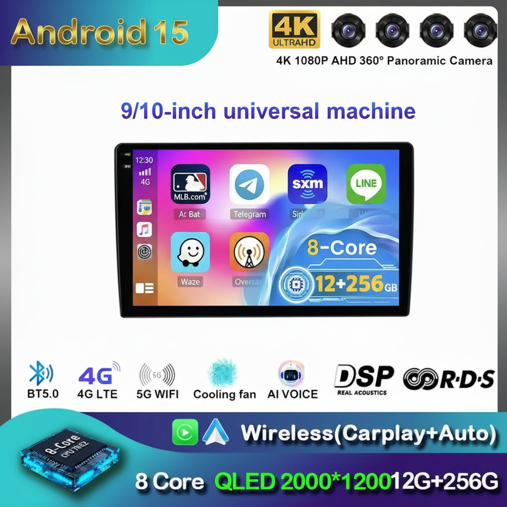 Radio Android 15 para Auto 9”/10” Universal, Tecnología QLED Double Din con CarPlay y Android Auto | GPS Integrado | 8GB RAM + hasta 256GB ROM | DSP | WiFi 4G | Pantalla Táctil alta sensibilidad.
