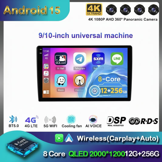 Radio Android 15 para Auto 9”/10” Universal, Tecnología QLED Double Din con CarPlay y Android Auto | GPS Integrado | 8GB RAM + hasta 256GB ROM | DSP | WiFi 4G | Pantalla Táctil alta sensibilidad.