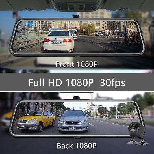 Espejo Retrovisor Dash Cam 10” IPS Táctil 2.5D Full HD 1080P | Cámara Dual Frontal + Trasera | 170° Gran Angular | G-Sensor | Visión Nocturna | DVR Auto con GPSDrive Recorder FHD1080P