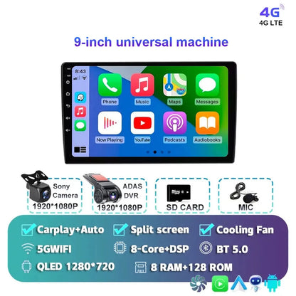 Radio Android 15 para Auto 9”/10” Universal, Tecnología QLED Double Din con CarPlay y Android Auto | GPS Integrado | 8GB RAM + hasta 256GB ROM | DSP | WiFi 4G | Pantalla Táctil alta sensibilidad.