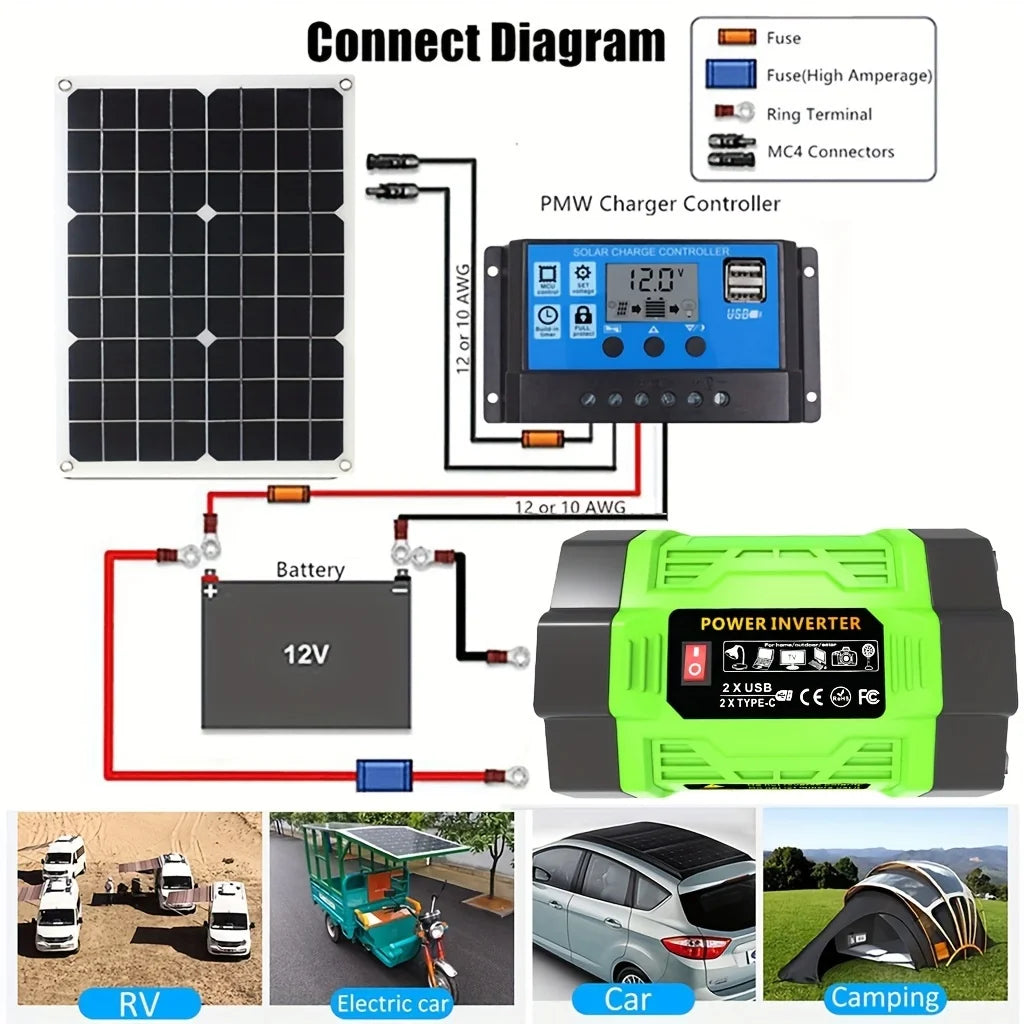 Kit Solar 600W Completo: Panel + Inversor 500W + Controlador 100A - 12V a 220V