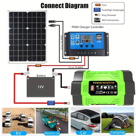 Kit Solar 600W Completo: Panel + Inversor 500W + Controlador 100A - 12V a 220V