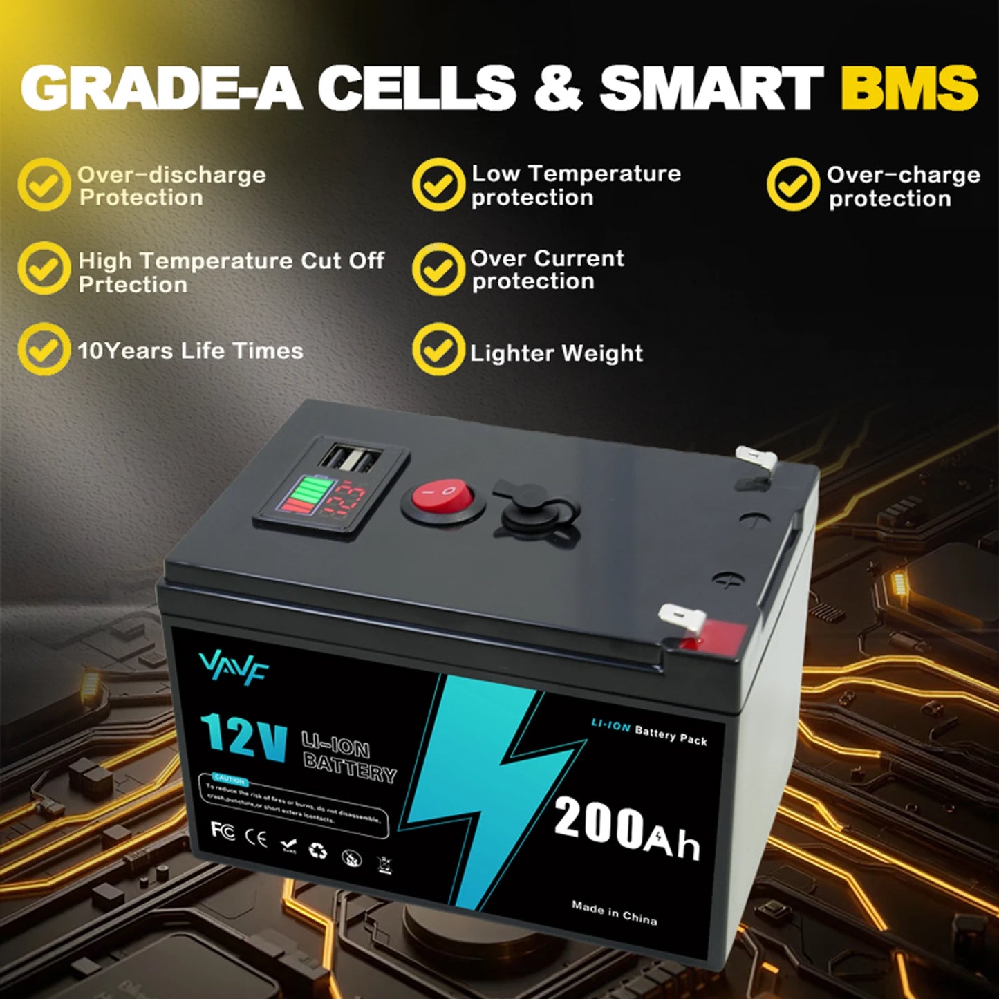 Batería de Litio 12V 200Ah Recargable con BMS - Para Sistemas Solares, RV, Marino