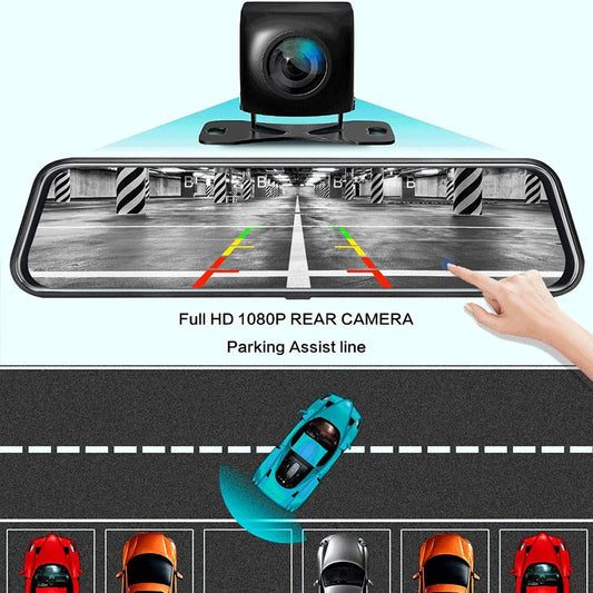 Espejo Retrovisor Dash Cam 10” IPS Táctil 2.5D Full HD 1080P | Cámara Dual Frontal + Trasera | 170° Gran Angular | G-Sensor | Visión Nocturna | DVR Auto con GPSDrive Recorder FHD1080P