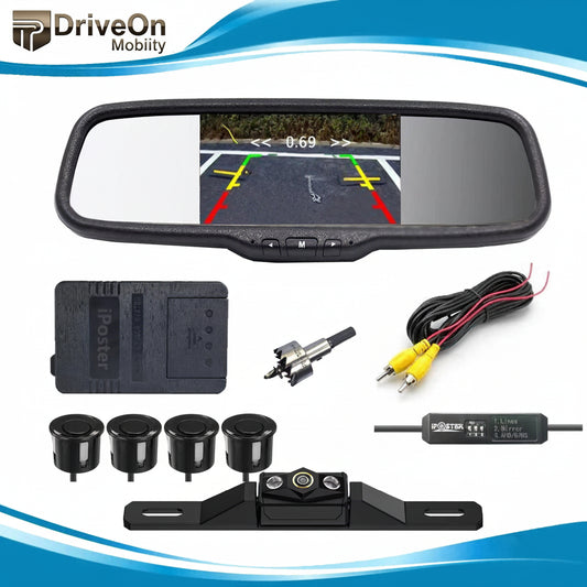 Espejo Monitor 7 Pulgadas con Cámara de Reversa y Sensores de Parqueo iPoster | Kit Completo Retrovisor Pantalla + Cámara Trasera + Radar 4 Sensores 12V–24V