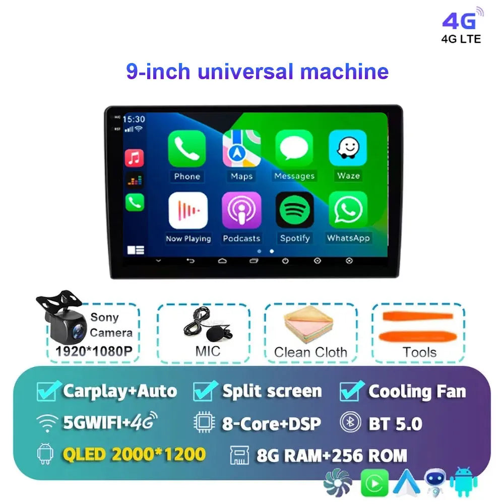 Radio Android 15 para Auto 9”/10” Universal, Tecnología QLED Double Din con CarPlay y Android Auto | GPS Integrado | 8GB RAM + hasta 256GB ROM | DSP | WiFi 4G | Pantalla Táctil alta sensibilidad.