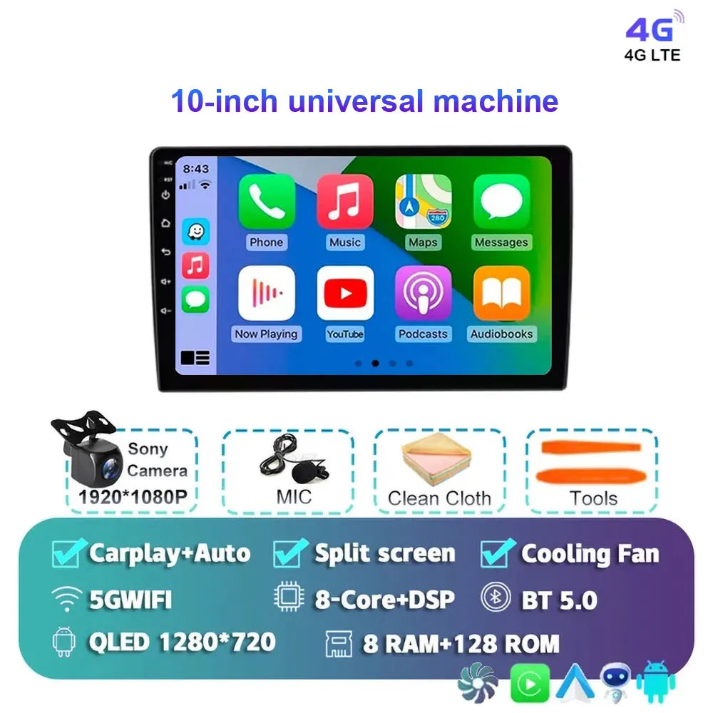 Radio Android 15 para Auto 9”/10” Universal, Tecnología QLED Double Din con CarPlay y Android Auto | GPS Integrado | 8GB RAM + hasta 256GB ROM | DSP | WiFi 4G | Pantalla Táctil alta sensibilidad.